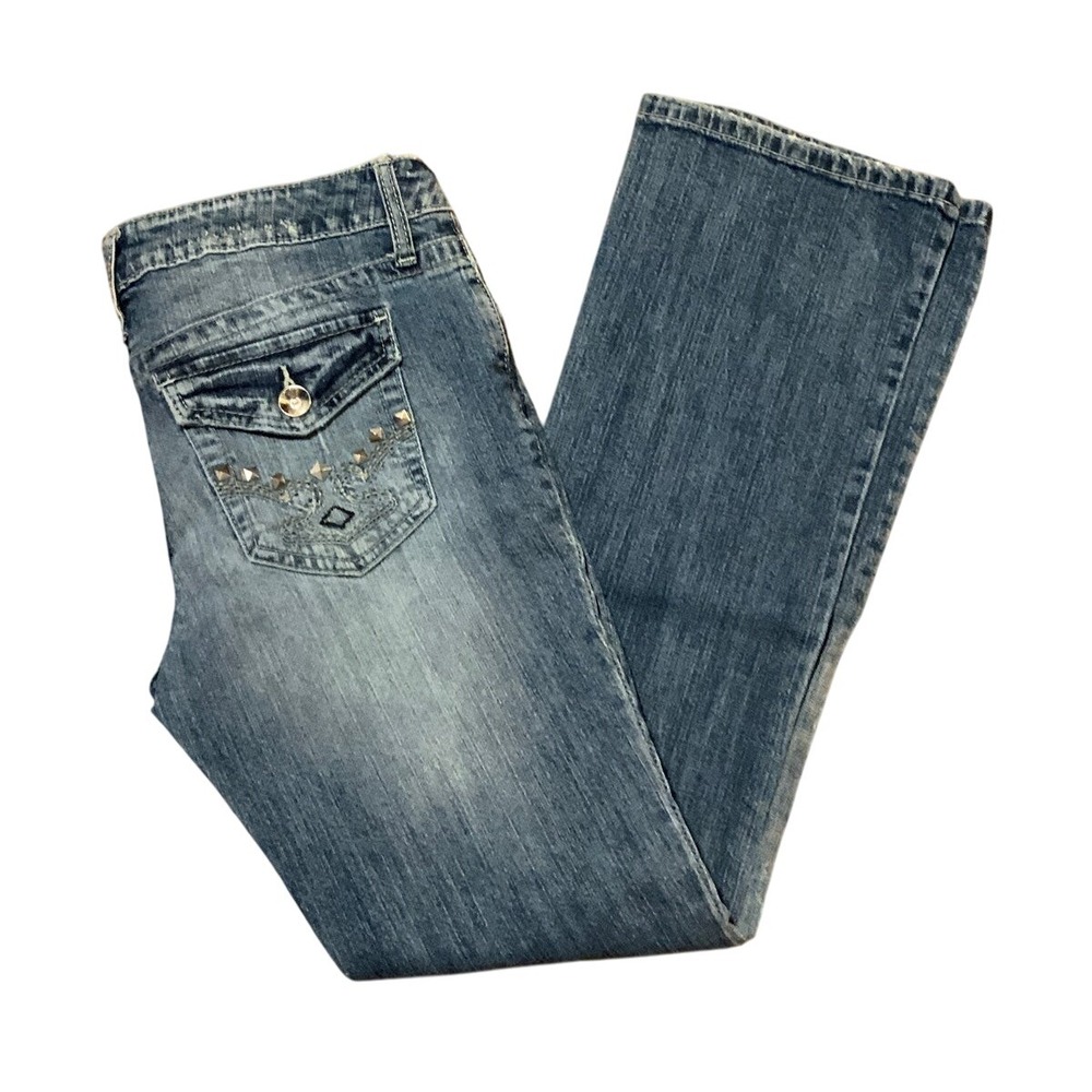 Apt 9 Bootcut Jeans Juniors Size 8 Blue‎ Denim Ripped Distressed Studded Pockets